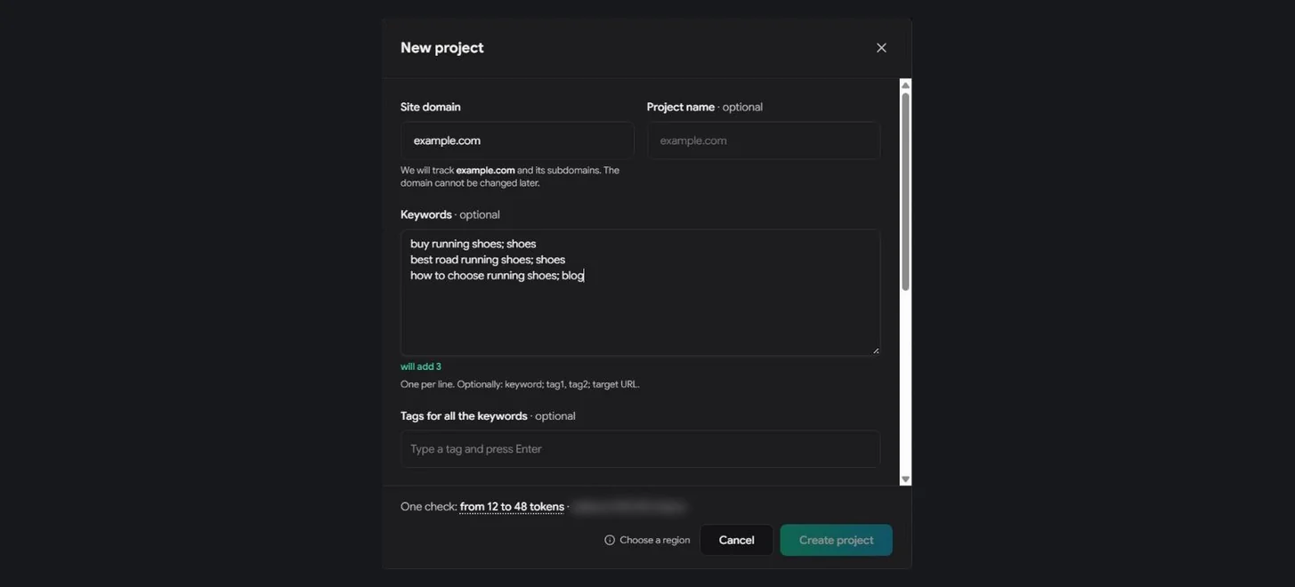 Nuevo proyecto: dominio, palabras clave con etiquetas y URL objetivo, región y profundidad