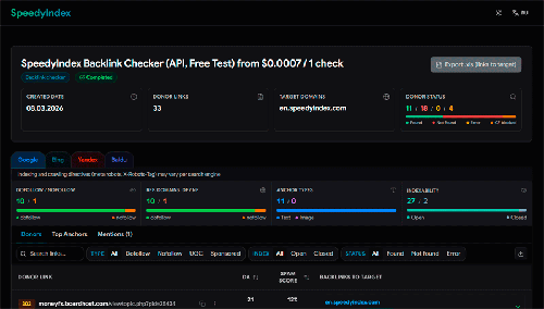 Ejemplo de informe de auditoría de backlinks de SpeedyIndex