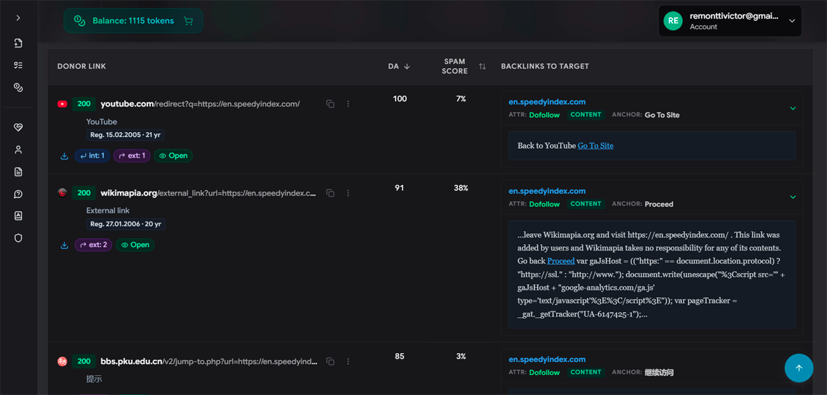 Lista detallada de análisis de backlinks con Domain Authority, Spam Score y texto ancla