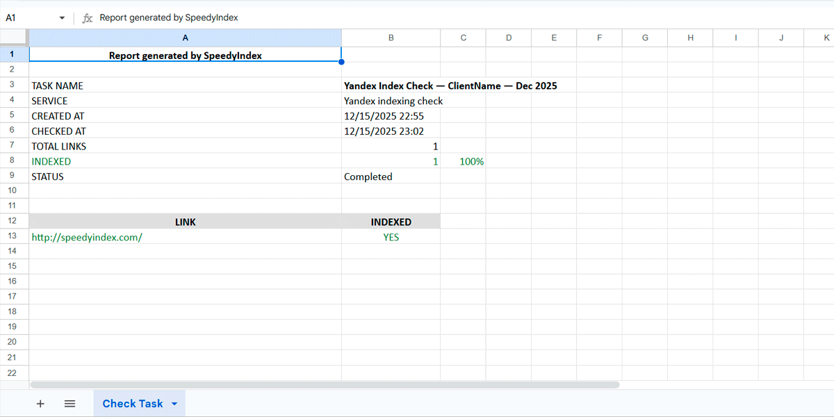 Ejemplo de informe de indexación Yandex en formato Excel