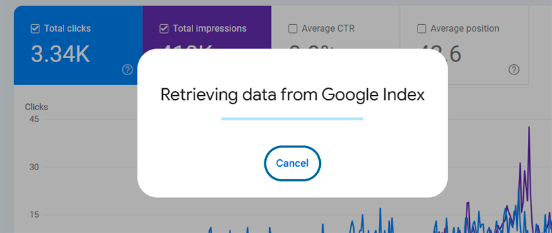 Google Search Console mostrando la pantalla «Recuperando datos del índice de Google»